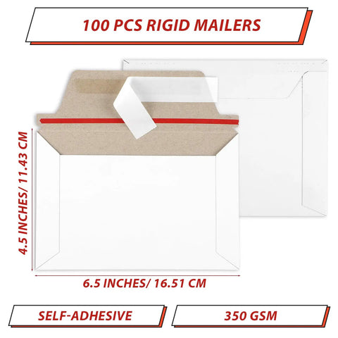 100 Pcs 6.5 By 4.5 Inch Rigid Mailers With Self Seal Envelopes Stay Flat Cardboard Mailers with dimensions and adhesive flap