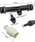 Diagrams of Venturi Fertilizer Injector for Irrigation System with 2 inch male thread, showing measurements and components layout.