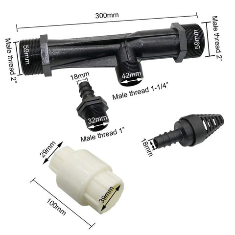 Diagrams of Venturi Fertilizer Injector for Irrigation System with 2 inch male thread, showing measurements and components layout.