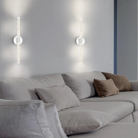 Modern living room with Gold Bubble Crystal Wall Sconce With LED Vanity Light, Dimmable Brass Finish Bathroom Wall Lamp Over Mirror.