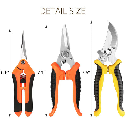 3 Pack Garden Pruning Shears With Stainless Steel Blades, Ergonomic Non Slip Handles, Easy Open Spring, Handheld Pruners Set size chart