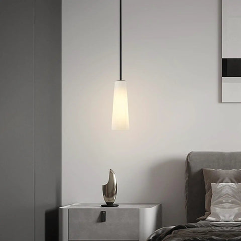 Ziikopoo 2 Pack Modern Matte Black Kitchen Island Pendant Lights, Conical Ribbed Glass Shade, Adjustable Pendant Light Fixture hanging over bedside table.