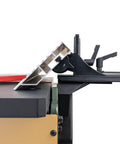 Six Inch Spiral Cutterhead Benchtop Jointer Loaded With Teflon Coated Aluminum Tables showing blade adjustment mechanism.