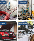 Collage of solar panel wiring, industrial electrical work, open car hood, and boat control panel, highlighting diverse uses for circuits.