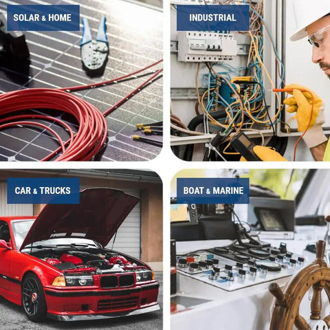Collage of solar panel wiring, industrial electrical work, open car hood, and boat control panel, highlighting diverse uses for circuits.