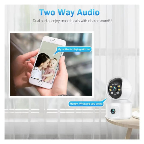 6Mp Dual Lens Wifi Ip Camera With Built In Screen Features Ai Human Detection Smooth Auto Tracking And Flat Out Reliable Ptz Pan Tilt Zoom Tech To Deliver Big Time Indoor Outdoor Security with smartphone showing clear video call.