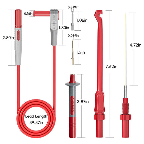 Automotive Multimeter Test Leads Kit with Wire Piercing Clips and 4mm Banana Plugs showing dimensions and probes