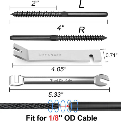 60 Pack Black T316 Stainless Steel Left And Right Hand Thread Swage Lag Screws For Wood Posts One Eighth Inch Cable Railing Kit with wrenches