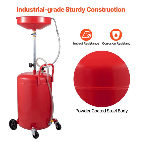 20 Gallon Waste Oil Drain Tank Air Operated Portable Drainer with red powder-coated steel body and adjustable funnel
