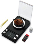 Ultra Precision Milligram Scale 50g/0.001g Pocket Scale With Tare And LCD Display, shown with tray, tweezers, weights, and batteries