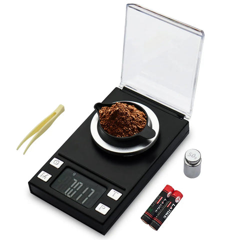 Ultra Precision Milligram Scale 50g/0.001g Pocket Scale With Tare And LCD Display, shown with tray, tweezers, weights, and batteries