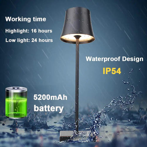 Rechargeable Cordless LED Table Lamp With 5200mAh Battery, All Aluminum Body, IP54 Waterproof, lamp in rain with battery icon