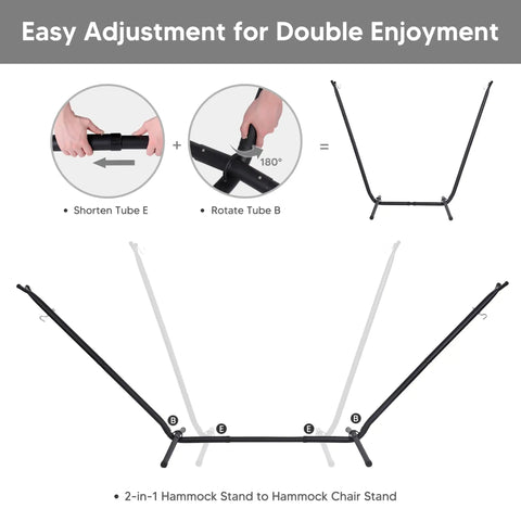 2 In 1 Hammock Chair With Stand For Relaxation Heavy Duty 475 Lbs Capacity Convertible Set adjustment diagram