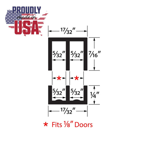 Diagram of One Eighth Inch Panel Sliding Door Track System dimensions, showing 48 Inch Black Plastic Upper And Lower Track Set for glass or wood panels.