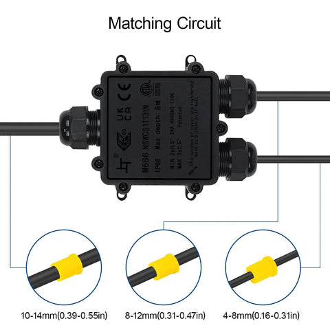 Detailed view of IP68 Outdoor Junction Box For Trailers And Outdoor Electrical Installations, 3 Way Enclosure With M25 Cable Glands, Weatherproof ABS Housing Fits 4 To 14Mm Cables, Coaxial Wire Connector Box, Durable 2 Pack, showing cable entry and connection points.
