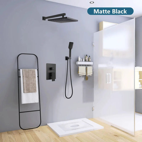 Matte Black 10 Inch Rain Shower System With Wall Mount And Pressure Balance Valve ABS Handheld Shower And Rain Head in bathroom