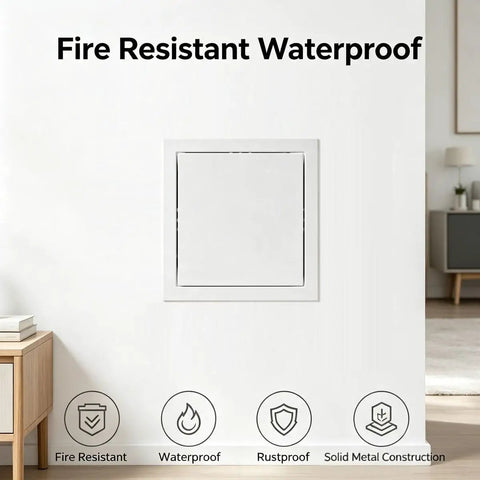 Heavy Duty Steel Access Panel For Drywall With Sleek Flush Mount Design No Sweat Push To Open Wall And Ceiling Door For Quick Plumbing Or Electrical Repairs In Clean White Coat in modern interior setting.