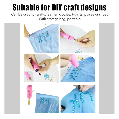 Fast Heat Hotfix Rhinestone Applicator Gear For DIY Crafts On Leather Clothes TShirts Wallets With Storage Bag Quick Heat Up In Minutes And Wide Application US Plug in use on fabric with blue rhinestones being applied.