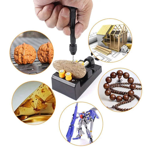 Pin Vise Hand Drill Kit With Mini Twist Bits 0.8 to 3.0 Millimeters, 11 Piece Precision Drill Set For Metal And Wood, DIY Jewelry Making, Model Building, And Fine Handwork, Handy Pro Grade Portable Clamp. Hand drilling wood on vise