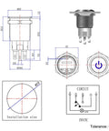 Technical drawing of Latching Pushbutton Switch U19C1 1NO1NC SPDT On Off Metal Shell With Blue LED for 19mm mounting hole and circuit layout.
