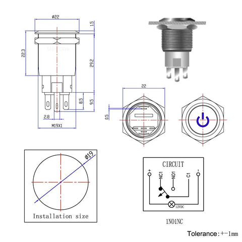 Technical drawing of Latching Pushbutton Switch U19C1 1NO1NC SPDT On Off Metal Shell With Blue LED for 19mm mounting hole and circuit layout.