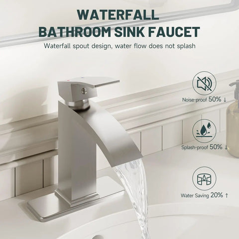 Alt Tag: Brushed Nickel Sleek Waterfall Bathroom Faucet With Single Handle For One Hole Sink Brass Modern Commercial Faucet With Pop Up Drain And Supply Line Included, showing smooth water flow.