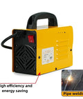Portable Arc Welder Kit for Home Shop DIY Projects, Multi Function MIG Welding Machine in bright yellow with handle and switch.