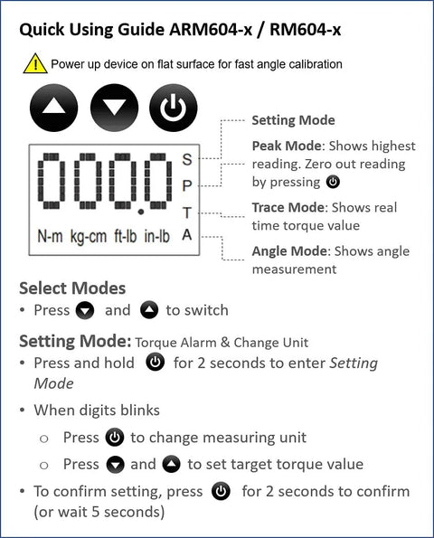 Quick using guide for Pro Grade Digital Torque Adapter 25 To 250 Foot-Pounds, shows mode settings and calibration steps