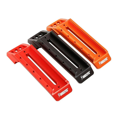 Three colored alloy brackets with 60° slot for Astronomy Telescope Carrying Handle Mount Bracket, red, black, orange, side view.