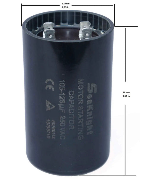 Motor Start Capacitor 105-126 MFD 250V for Franklin Control Box 2823 Series, round black capacitor close-up