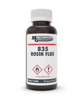 835 Liquid Rosin Flux For Leaded And Lead Free Soldering 125 Milliliter Bottle with safety symbols and MG Chemicals logo
