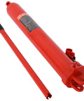 Red Amazon 8-ton hydraulic long-ram jack with clevis base, side view; includes piston rod