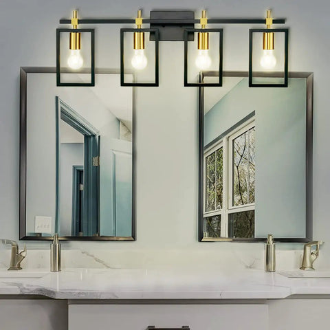4 Light Bathroom Vanity Fixture With Black And Brass Finish 36 Inch Industrial Wall Mount Vanity Lighting Over Mirror
