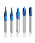 Heavy Duty CNC Wood Carving Router Bits Set Featuring Five Slick Nano Coated V Shape Engraving Tools and Straight Cutting Edges.