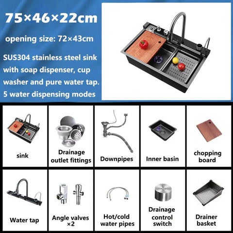 Stainless Steel 304 Kitchen Sink with Removable Faucet 75x46x22cm Double Design showing accessories like soap dispenser and cutting board.