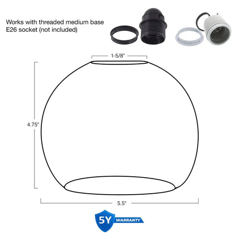 Diagram of Clear Globe Glass Shades Set, 6 By 5 Inch, 1 5 Eighth Inch Fitter Opening For Threaded Medium Base Socket dimensions
