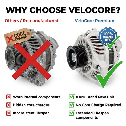 Comparison of remanufactured alternator and VeloCore premium brand-new unit with labels highlighting benefits.