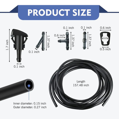 Pro Grade 22 Piece Windshield Washer Hose Assembly With Heavy Duty Fluid Lines And Durable Nozzles Plus Every Connector Needed To Keep Your Ride Spraying Clean Rain Or Shine product size dimensions including hose and nozzle measurements.