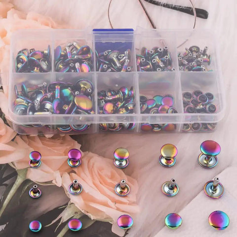 Rainbow Tubular Double Cap Leather Rivets Assorted Size Metal Hardware Kit For Jackets Bags And Diy Gear in a clear box.