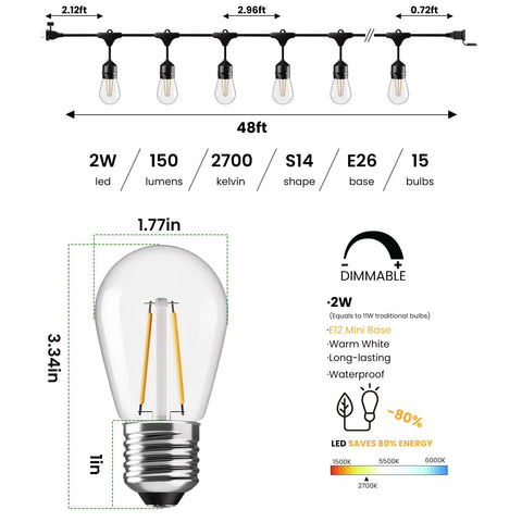 Diagram of 48 Ft Outdoor String Lights with 15 Shatterproof Bulbs, LED details, dimensions, and features highlighted, including warm white 2700K.