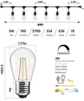Diagram of 96 Ft Outdoor String Lights Dual Pack 48 Ft Each with 32 LED S14 Bulbs 2W IP65 Waterproof, showing measurements and specs