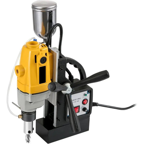 1100W Magnetic Drill Press With Premium Coring Bits For Metal Surfaces And Home Improvement Projects close-up view of the machine.