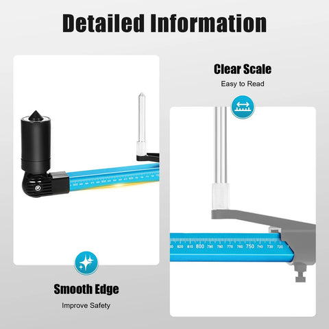 2D Auto Body Measuring System With Retractable Tram Gauge, close-up of blue aluminum scale and probe