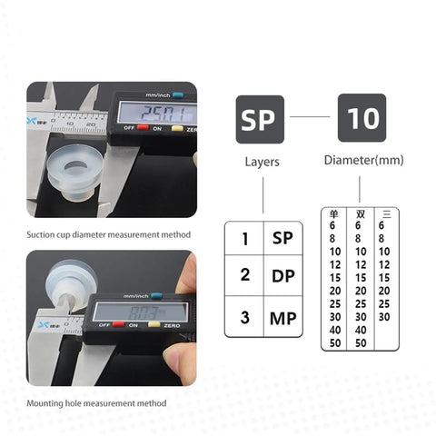 Suction cup diameter measurement method for silicone pneumatic cups in 8mm mount; precise digital caliper readings.