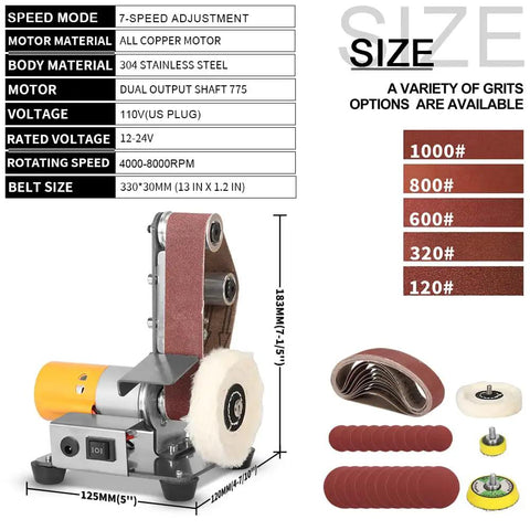 Mini Electric Belt Sander Knife Sharpener Bench Grinder With Polishing Wheel Sanding Belts And Pads, 330x30mm size for precision workshop tasks.