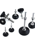 Eight Piece Adjustable Furniture Leveling Feet With Swivel Articulating Legs And Rigid Antislip Cushion Bottoms for steady desk setup, metallic and black rubber materials.
