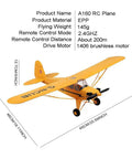 A160 J3 Brushless RC Plane With 5CH 3D/6G Modes, Lightweight EPP Stunt Glider with dimensions and remote specs.