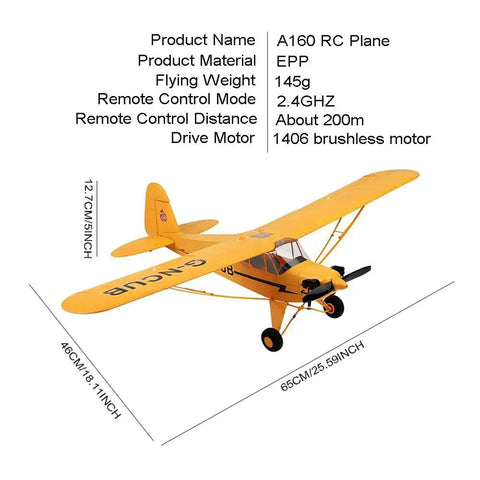 A160 J3 Brushless RC Plane With 5CH 3D/6G Modes, Lightweight EPP Stunt Glider with dimensions and remote specs.