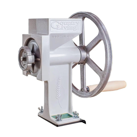 Hand Grain Mill With Industrial Grade Bearings And Aircraft Aluminum Body Made In USA Food Grade Powder Coating Adjustable From Cracked Grain To Cake Flour Lifetime Warranty Ideal For Fresh Flour At Home Or On The Trail