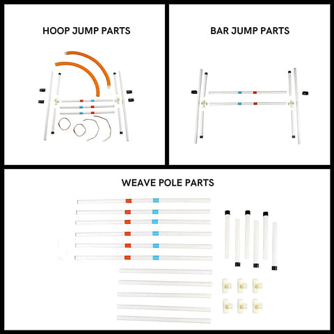 Hoop, bar jump, and weave poles components of Dog Agility Starter Set With Hoop Jump, Weave Poles, And Bar Jump For Backyard Training.
